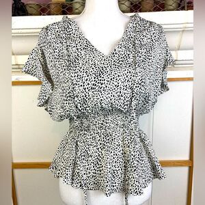 Papaya Black and White Flutter Sleeve Peplum Blouse tie neck